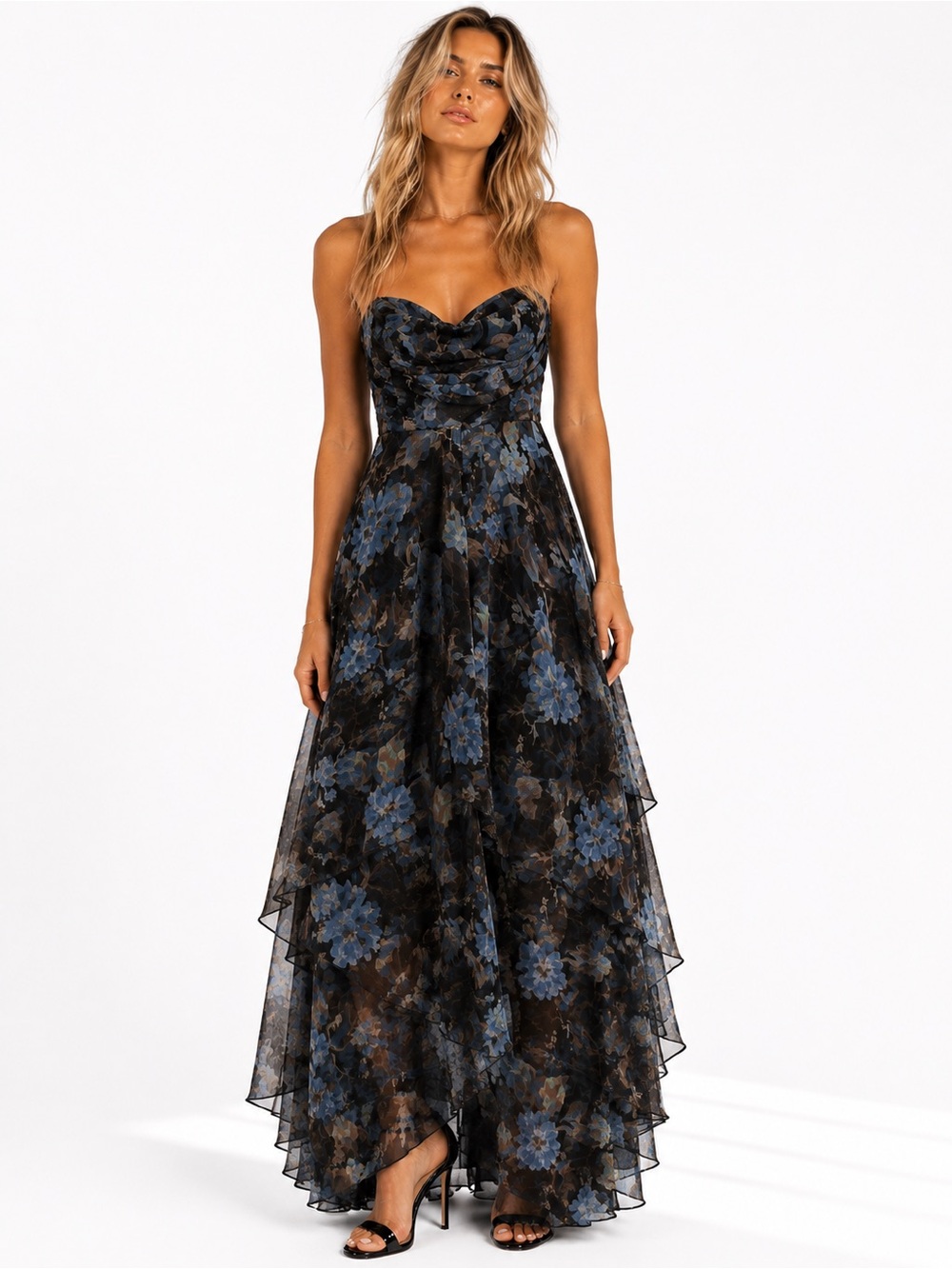 Lulu's Strapless Floral Chiffon Gown in Black & Blue